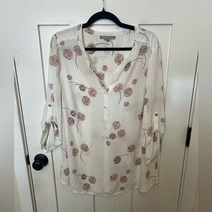 Daniel Rainn White Blouse Roll Tab Sleeve Pink Dandelion Plus Size Button